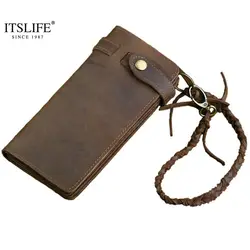 Дизайнерский кожаный кошелек с цепочкой, длинный стильный кошелек из натуральной воловьей кожи, винтажный вощеный кожаный кошелек, с