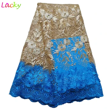 

African gold Lace Fabrics Embroidered Nigerian lace Fabric For Wedding Dress Beaded French Net Lace With Beads 5 Yards