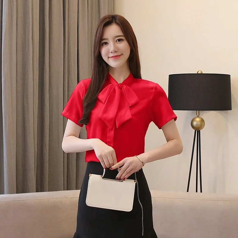 

Women Chiffon Blouse 2019 Fashion Women's Shirt Bow Short Sleeve Shirt Summer Ladies Professional Wear Loose Shirts Top