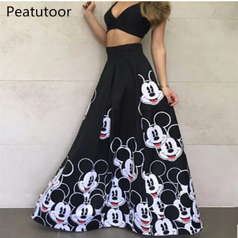 Günstige 2018 mode Maxi Lange Rock Bodenlangen Damen Elastische Hohe Taille Muslim Röcke Frauen Mickey Gedruckt Midi Lange Rock Mujer