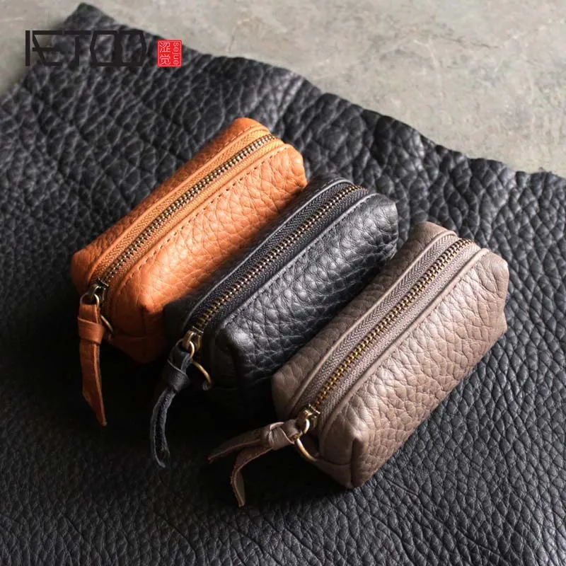 AETOO Simple leather key bag small mini coin purse first layer leather zipper short small wallet