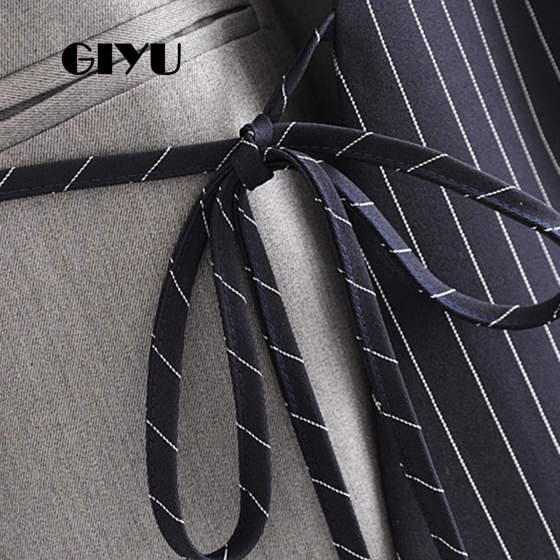 GIYU Autumn Women Patchwork Striped Blazer Long Sleeve Jackets Pockets Irregular Office Lady Casual Tie-up Bow camiseta mujer