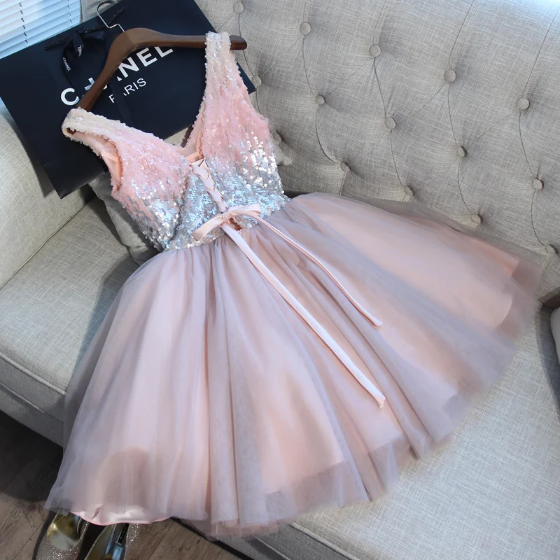 Short Prom Dresses Walk Beside You Ball Gown Pink Gray Sequined V-neck Elegant Evening Formal Party Gown vestido formatura curto