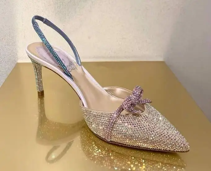 

Handmade sandals 2019 new pointed shoes rhinestones bow stilettos with a pair of sandals small fresh shoes high heels