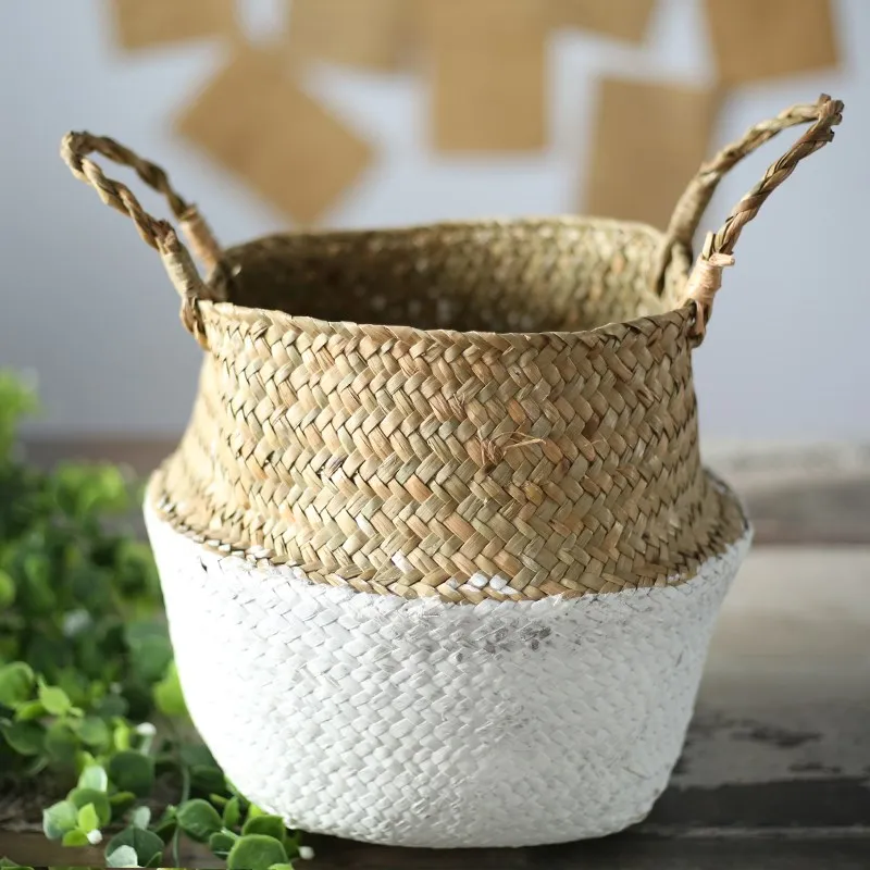 Garden Plant Flower Pot Handmade Rattan Storage Basket Foldable Seagrass Straw Hanging Woven Handle Toy Storage Container 1Pc