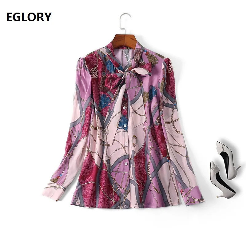 

Bow Blouse 2019 Spring Summer National Silk Blouse Shirt Women Chic Print Long Sleeve Purple Blue Shirt Blusa Feminino Bolsa