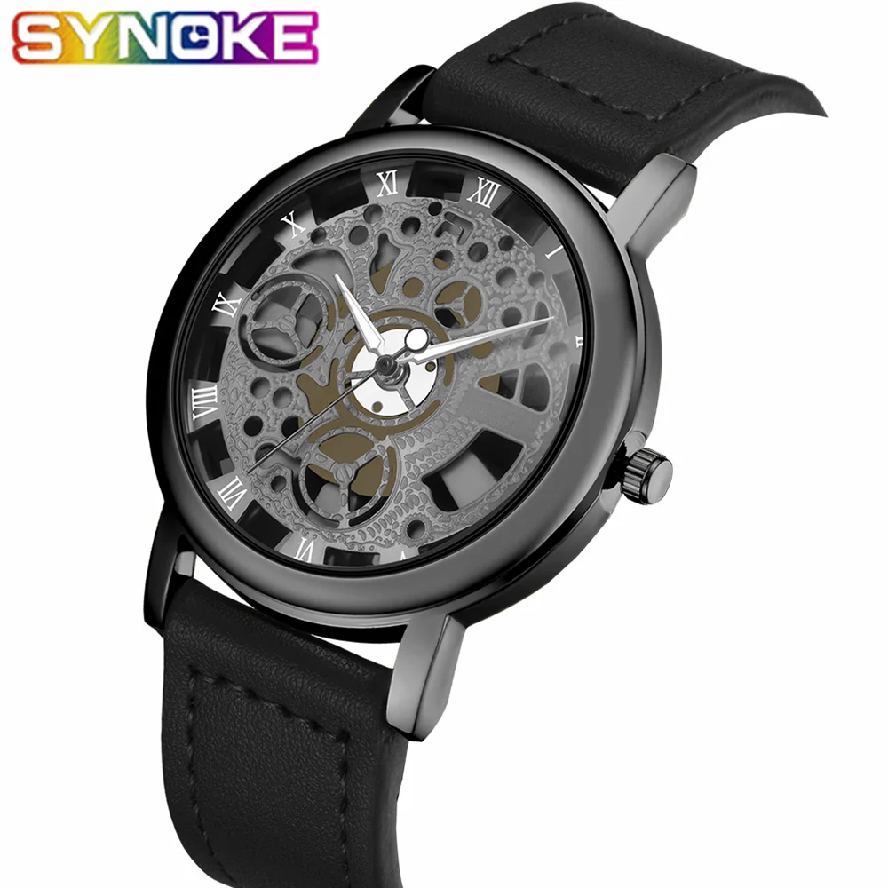 

SYNOKE Men Watches Luxury Gold Quartz Watch New Arrival Leather Band Glass Transparent Case Unique Casual Wristwatch for Men
