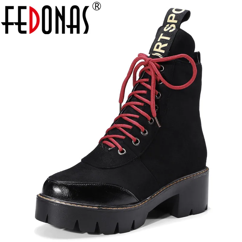 Женские ботинки на шнурках FEDONAS черные толстой подошве платформе осень и