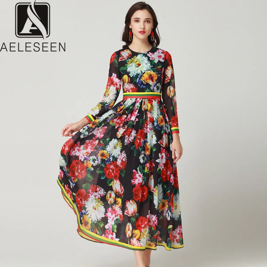 Женское винтажное длинное платье AELESEEN подиумное с цветочным принтом элегантное