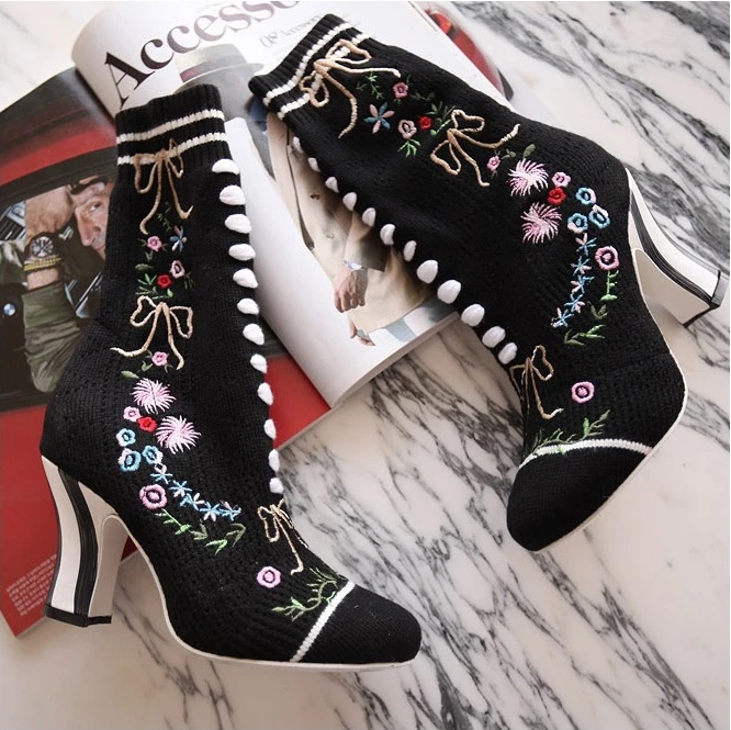 

2017 Hot Autumn Winter Shoes Woman Stretch Fabric Embroider Woman Boots Designer Runway High Heels Boots Mujer Mid-Calf Boots