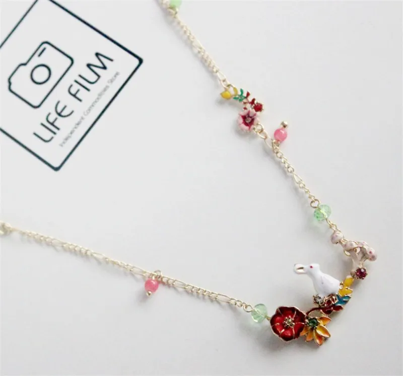 

Hand Sketching Fresh Enamel Glaze Rabbit Flower Crystal Beads Necklace For Woman Girl Gold Really Plated Cyber Celebrity Love
