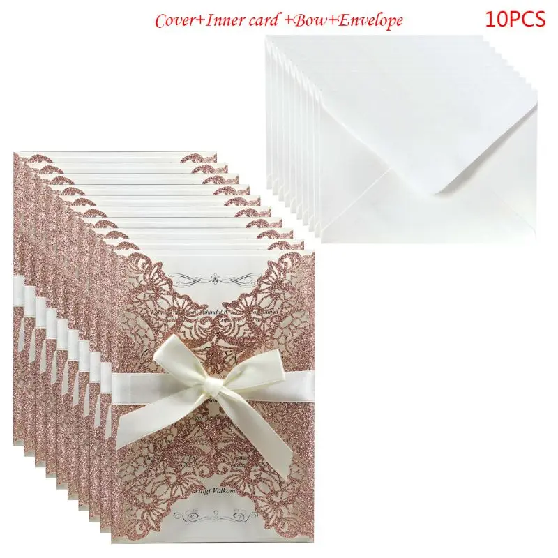  10pcs/set Laser Cut Glitter Lace Wedding Invitation Cards With Bow Ribbon Envelopes For Bridal Show - 33046902035
