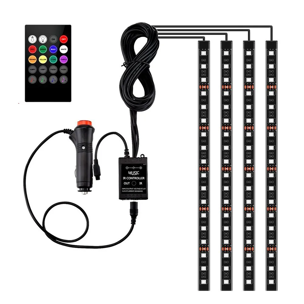 4 Pieces Car RGB Light Strip Interior Multicolor Atmosphere Light Auto LED Lighting Strip with Remote