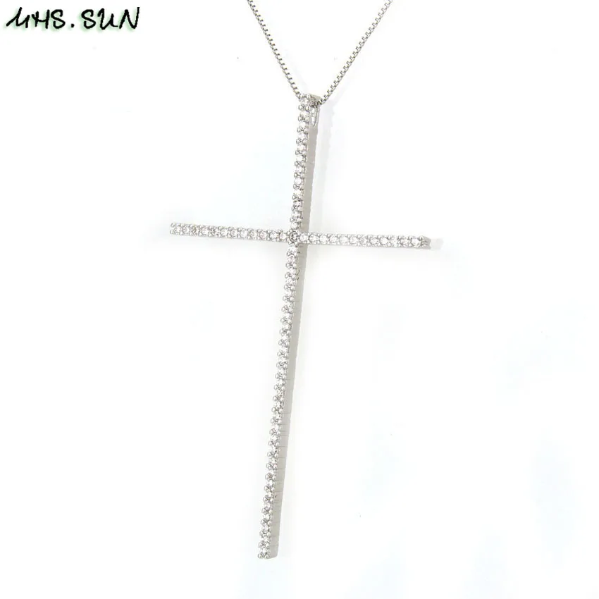 MHS.SUN CZ Zircon Big Cross Pendant Necklace For Men Women Gift Hip Hop Gold/Silver/Black Chain Necklace Religion Jewelry 1PC - Окраска металла: 4