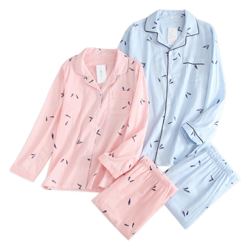 

New Fresh lovers 100% gauze cotton pajama sets women cartoon summer thin long sleeve cozy sleepwear spring pyjamas Couple Set