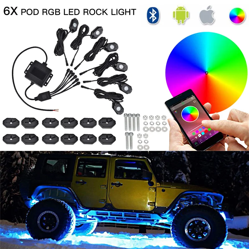 6Pods RGB LED Rolling Rock Light Kit 9W IP68 Bluetooth Music Mode Flashing Multicolor Control For Jeep Wrangler Boat Waterproof