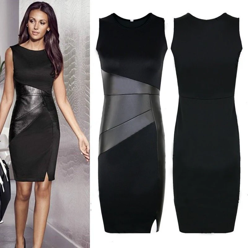 

New Arrival XXL Ladies Sexy Slim Fashion Mesh Women Clubwear Zipper Black Elegant Slim Pencil Dress leather patchwork dress