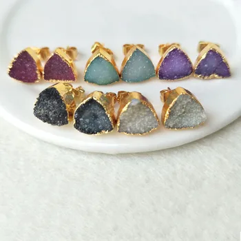 

5 pairs 10mm triangle Drusy Gold color Natural stone Titanium Druzy Earrings Tiny Druzy Studs Gem stone Drusy Earring ER85