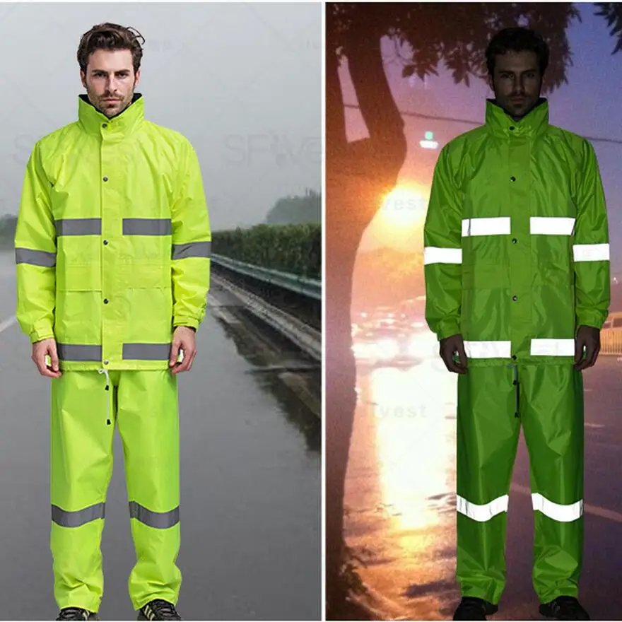 Hi vis  waterproof fluorescent yellow rain wear  rain suit rain jacket  pant Poncho reflective safety jacket free shipping