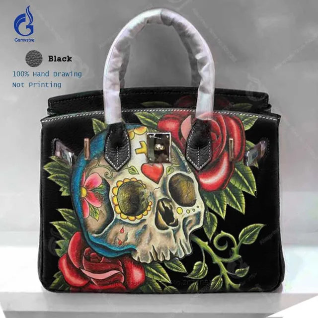 Luxury Handbags Women Bags Designer 2018 Fashion Genuine Leather Luxury Handbags Women Bags Designer 2018 Fashion Genuine Leather Casual Totes Hand Painted Art Skull Rose