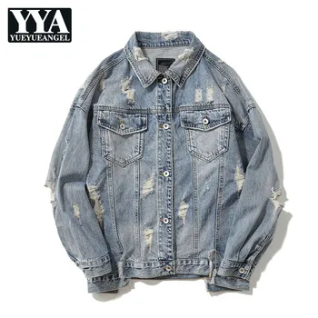 

2019 New Men Ripped Hole Loose Denim Tops Coats High Street Patch Designs Washed Single Breasted Jeans Jacket Mens Clothes M-2XL