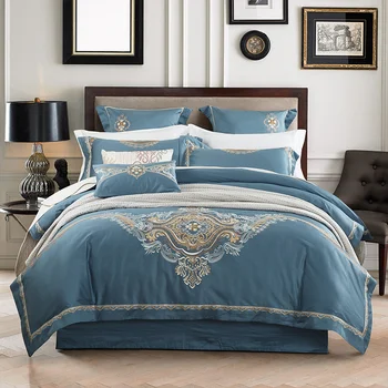 

2018 Egyptian Long-staple cotton Embroidery Bedding Set .Duvet Cover Bed sheet Bed Linen Pillowcases. Alina Blue