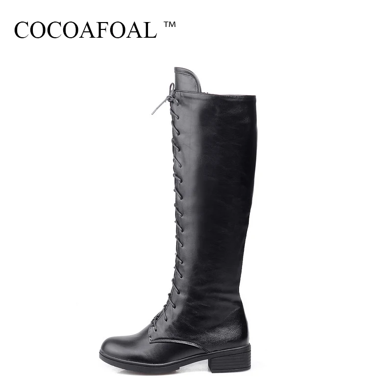 

COCOAFOAL Autumn Winter Black Lace Up Knee High Boots Women's Sexy Chelsea Knee High Boots Plus Size 43 High Heeled Shoes 2018