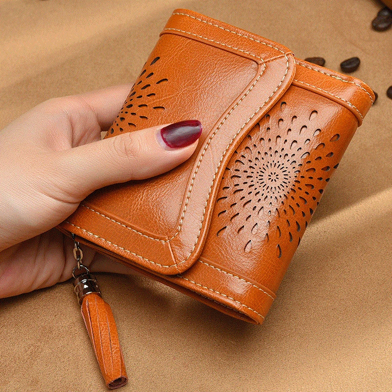 

Female Small Purse Hollow Sunflowers Genuine Leather Women Wallets Fashion Retro Short Wallets Three Fold Coin Wallet ~16P7