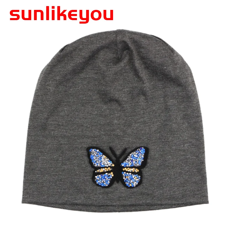 

Sunlikeyou New Fashion Lady Spring Cap For Girls Hat Gift Butterfly Rhinestone Cotton Soft Beanie Sun Hats For Women