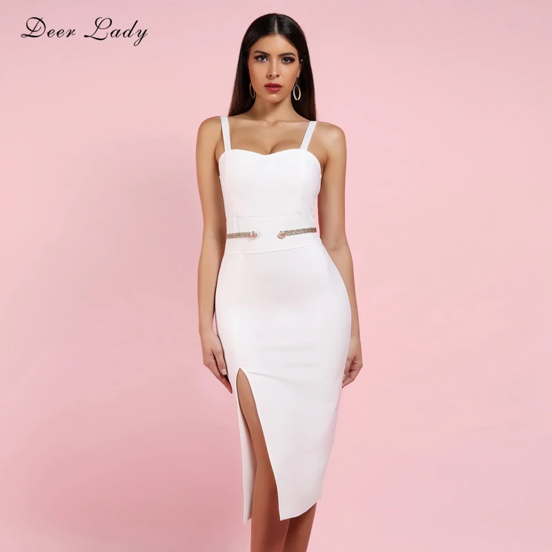 

Deer Lady Bandage Dress Winter 2019 New Arrivals White Bandage Dress Strap V Neck Spaghetti Strap Bandage Dress Bodycon Midi Wom