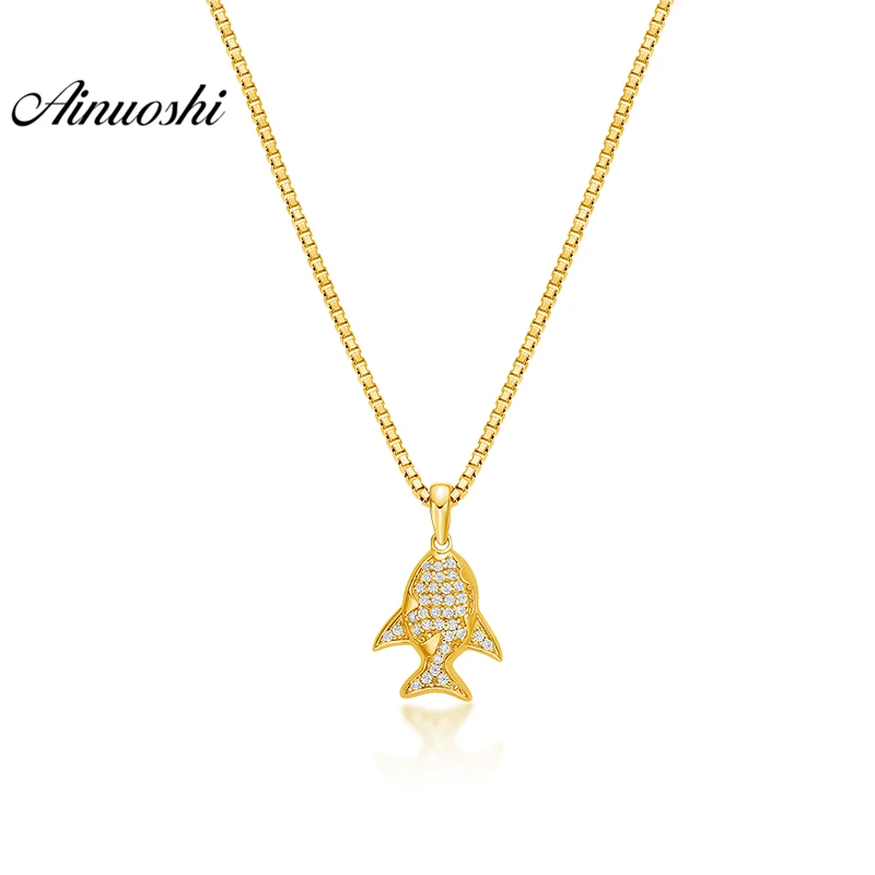 

AINUOSHI 10K Solid Yellow Gold Pendant Shining Fish Pendant SONA Diamond Women Men Child Jewelry Marine Animal Separate Pendant