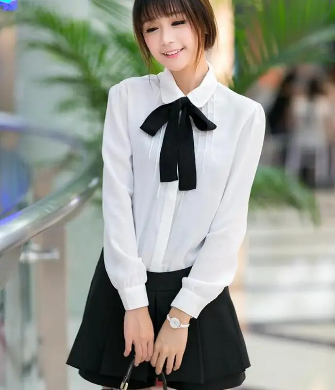 

5XL Spring Autumn New Women Long Sleeve Chiffon Blouses Shirts Sweet Peter Pan Collar Bow Shirts Tops Blouses Casual Shirt