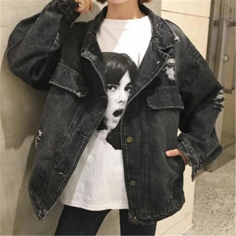 Black denim girl jacket 2019 new spring large size Korean version loose hole women's denim long sleeve lapel jacket W12