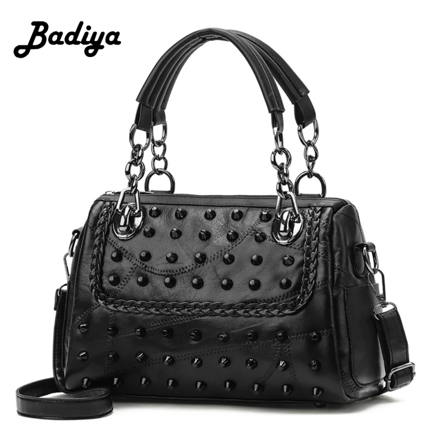 

New Fashion Punk Rivet Solid Black Handbag Soft Pu Leather Single Shoulder Bag For Women Ladies