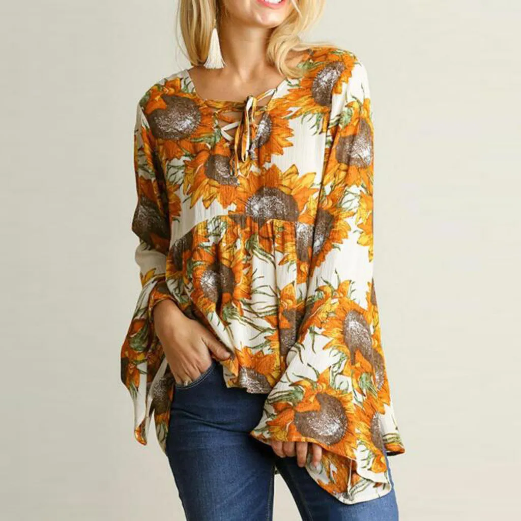 

Feitong Prairie Blouse Shirt Women Kimono Chemisier Sunflower Print V-Neck Chic Long Flare Sleeve Tops Summer Blouse Shirt Femme