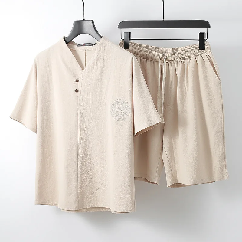 Брендовые летние льняные мужские футболки с круглым вырезом, Мужская футболка, мужские наборы футболок, Мужская футболка, плюс размер, M-9XL, костюм из двух предметов