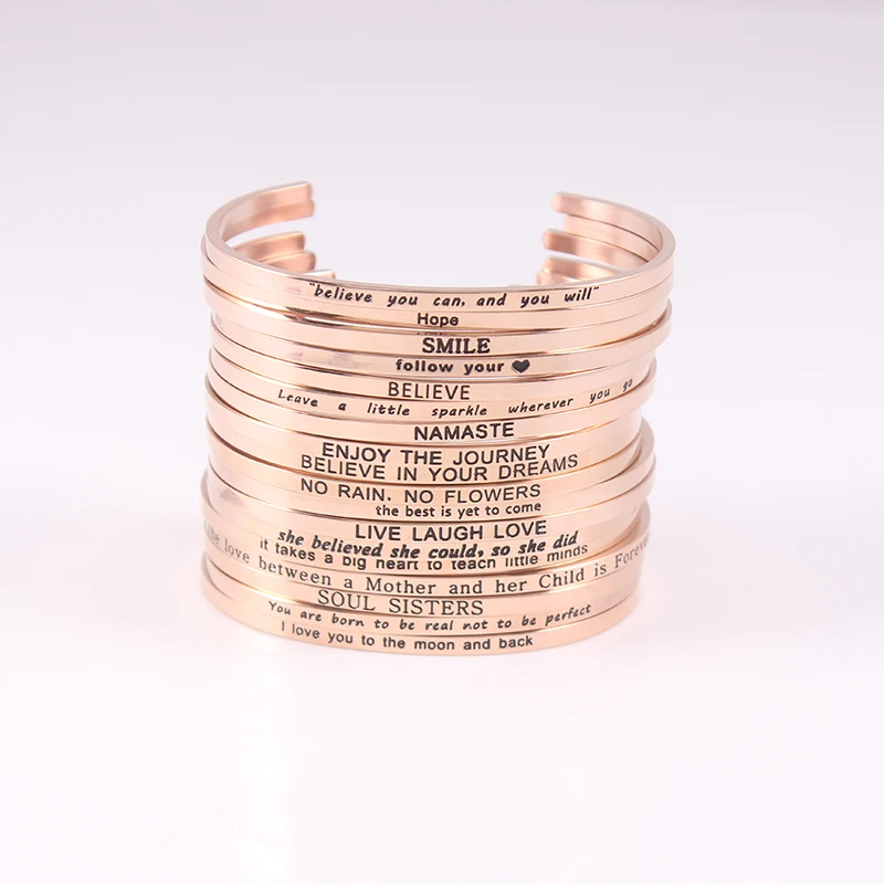

10PCS Mix Custom Engraved Positive Inspirational Quote Cuff Mantra Bracelet Bangle for Women Stainless Steel Open B (COLOR:ROSE)