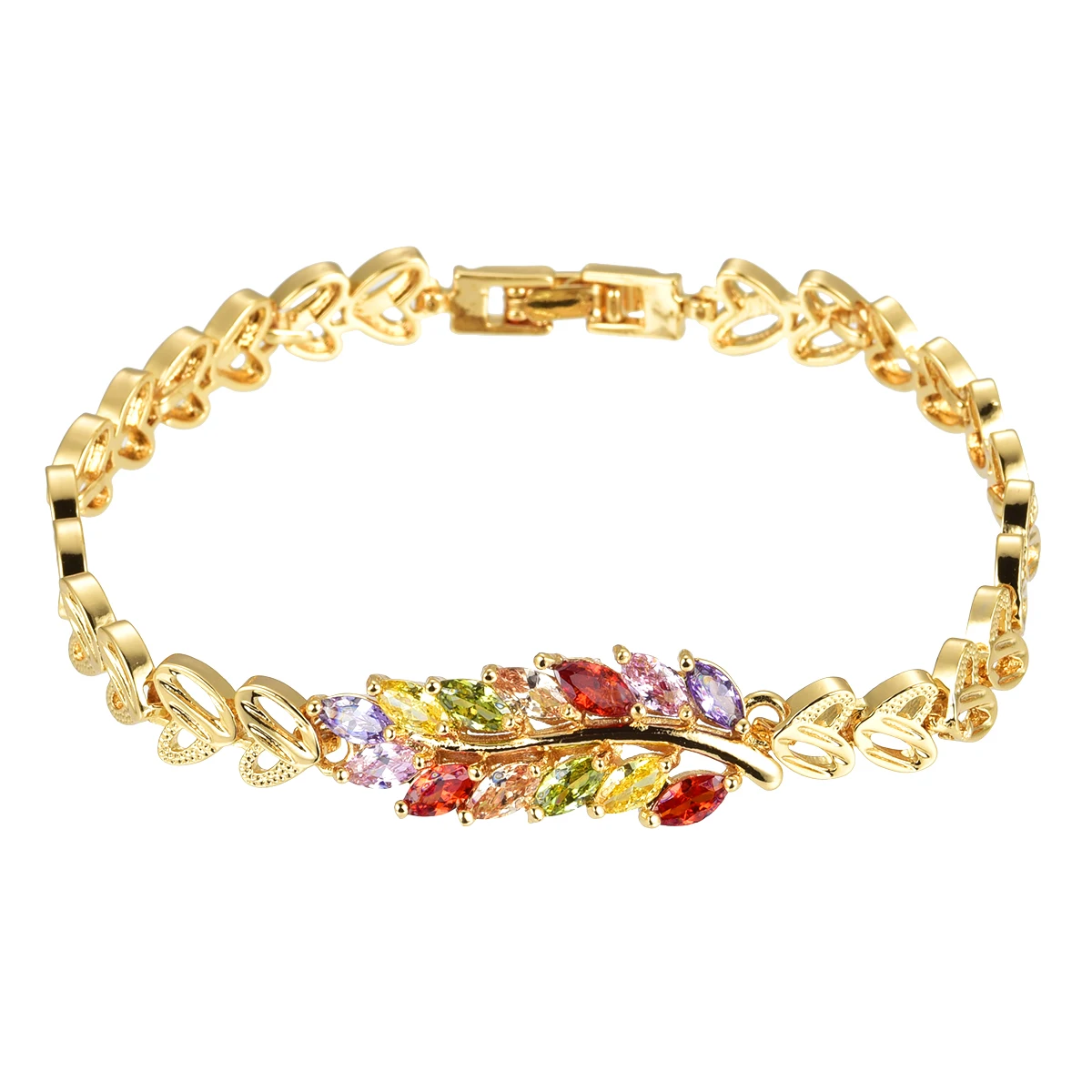 

Fashion Girls Gold Color Multicolor Cubic Zirconia CZ Leaf Charm Bracelet for Women