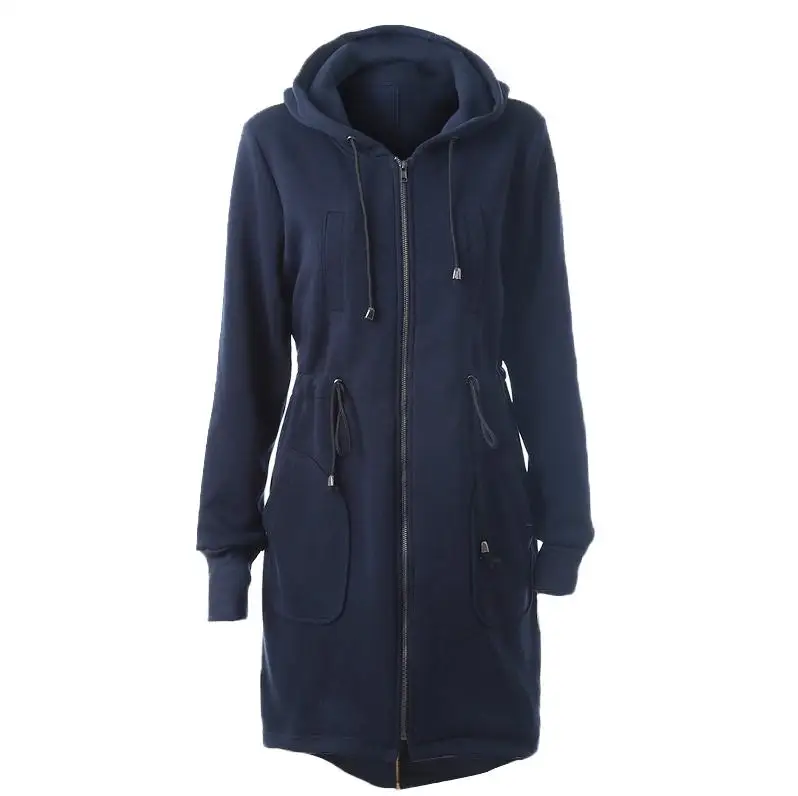 

HOT 2020 autumn winter thicken windproof Draw string waist hooded Zip-up women dress zipper long sleeve pocket long coat S-3XL