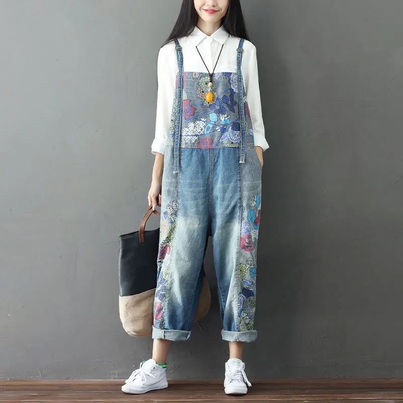 

#0303 Vintage Printed Flower Split Joint Jumpsuit Woman Retro Denim Pants Ladies Oversize Denim Overalls For Women Rompers
