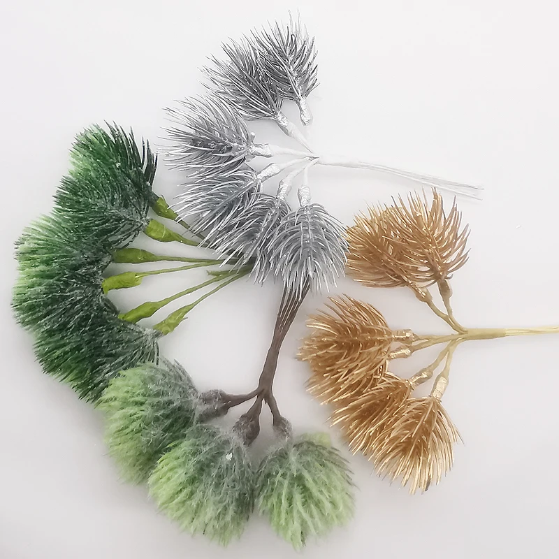 

6pcs Mini Artificial pine needles Gold sliver Christmas Artificial flowers for Wedding Wreath DIY Christmas Decoration