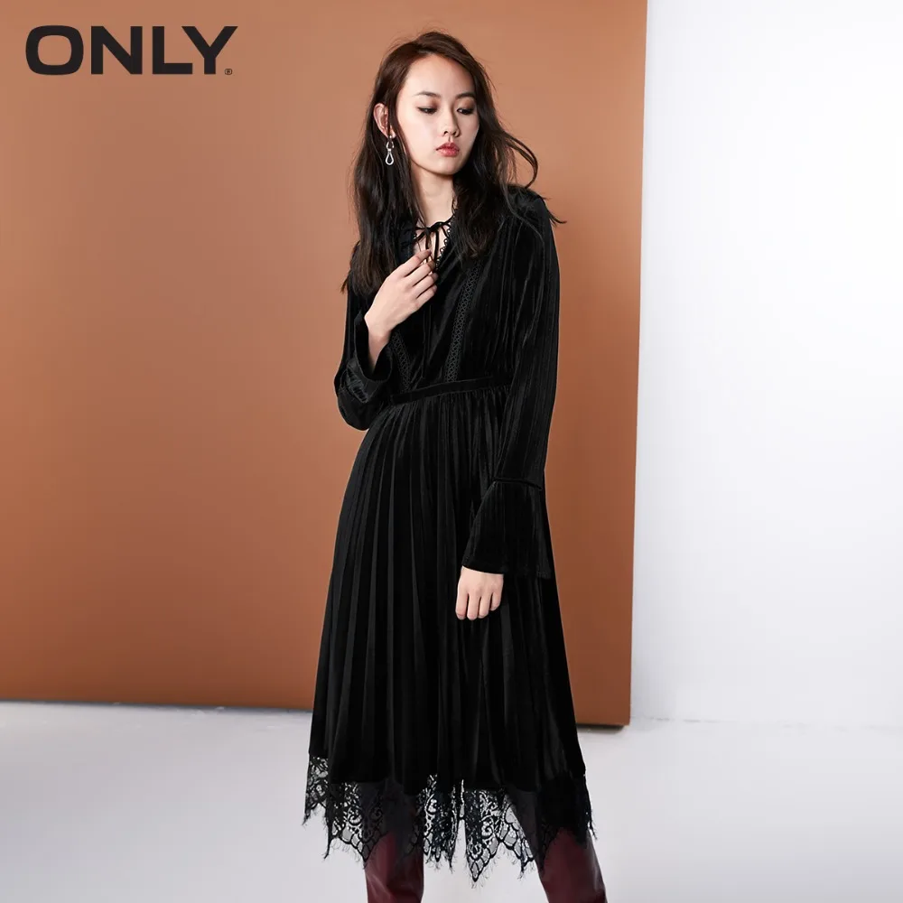 

ONLY Women's Lace Splice Velvet Dress elegant Lace-up neckline Lace hemline|118361533