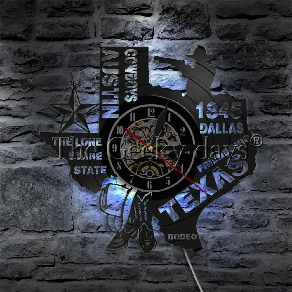 Tanie 1 sztuka Rodeo stanu teksas zegar ścienny samotny Stare państwo Dallas Led lampka nocna płyta winylowa zegar Austin kowboje nowoczesne wystrój