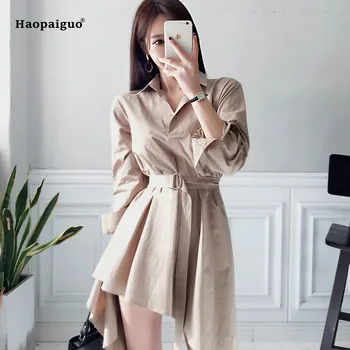 

Solid Plus Size Asymmetrical Dress Women Autumn Khaki Full Sleeve Turn-down Collar Casual Shirt Mini Dress Office Short Dresses