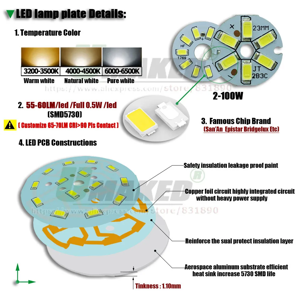 UMAKED 5 Вт 44 мм светодиодный PCB свет плата установлена SMD5730 светодиодный чипы Алюминий пластина для лампы теплый/натуральный белый светодиод для ceilig огни "сделай сам"