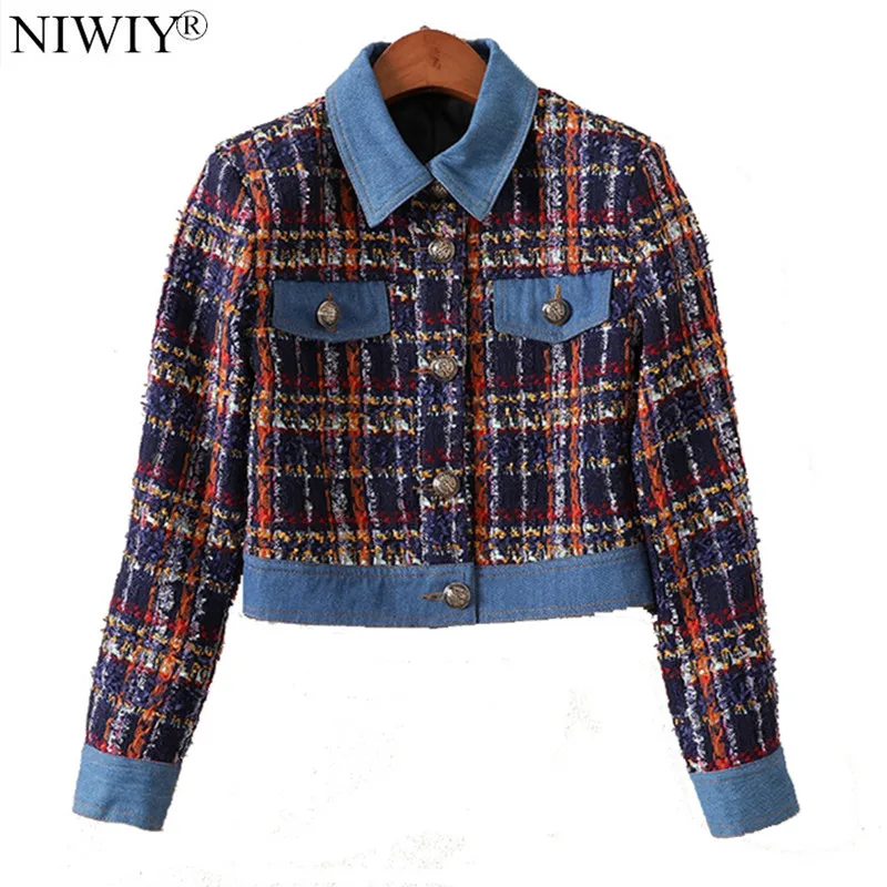 

NIWIY Brand 2 Piece Set Women Autumn Winter Tweed Long Sleeved Plaid Jacket + High Waist Skirt Suit Manteau Femme Hiver N9361