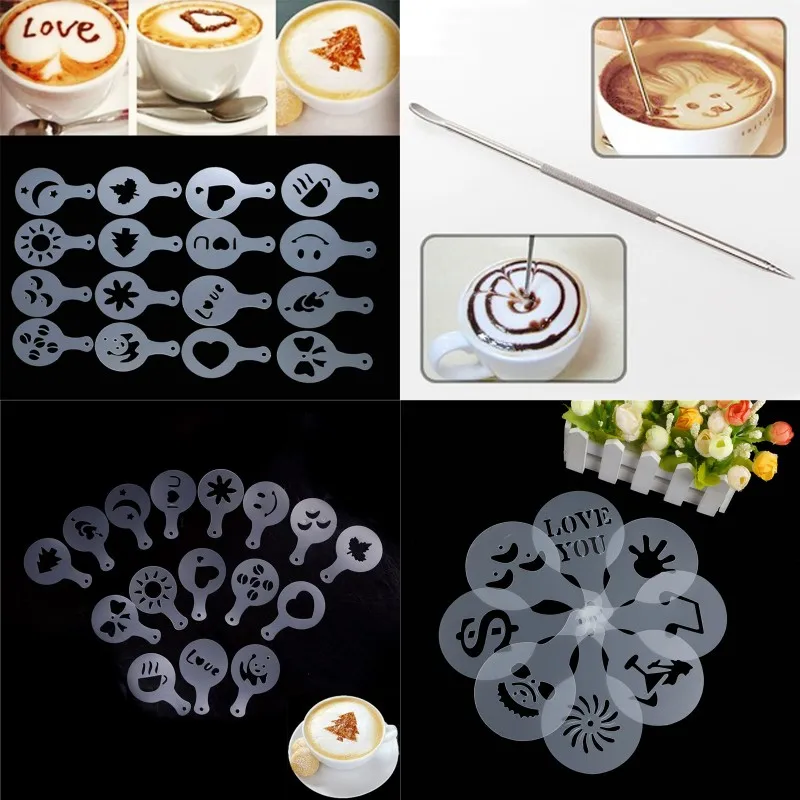 

8/16pcs/set Coffee Drawing Cappuccino Mold Fancy Natie Printing Model Coffee Foam Spray Cake Stencils Powdered Sugar Sieve Tools