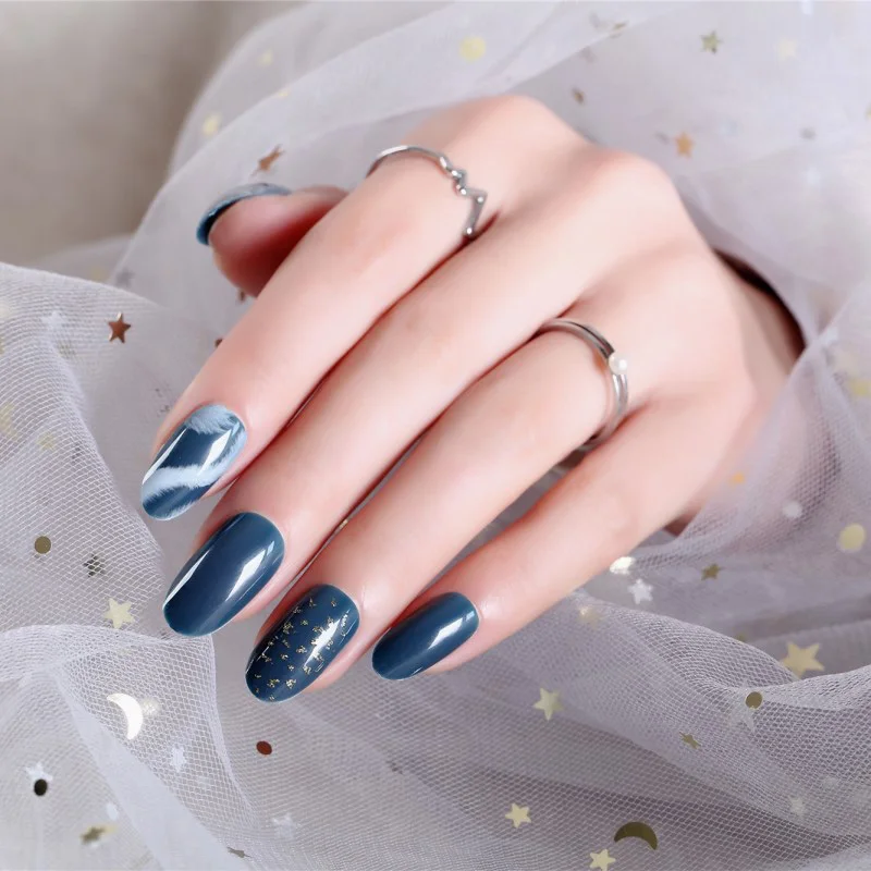 

Women New Design Casual Fake Nail Round Head Full Cover Nail Art Tips with Glue Girls Summer Fashion Dark Blue Color False Nails