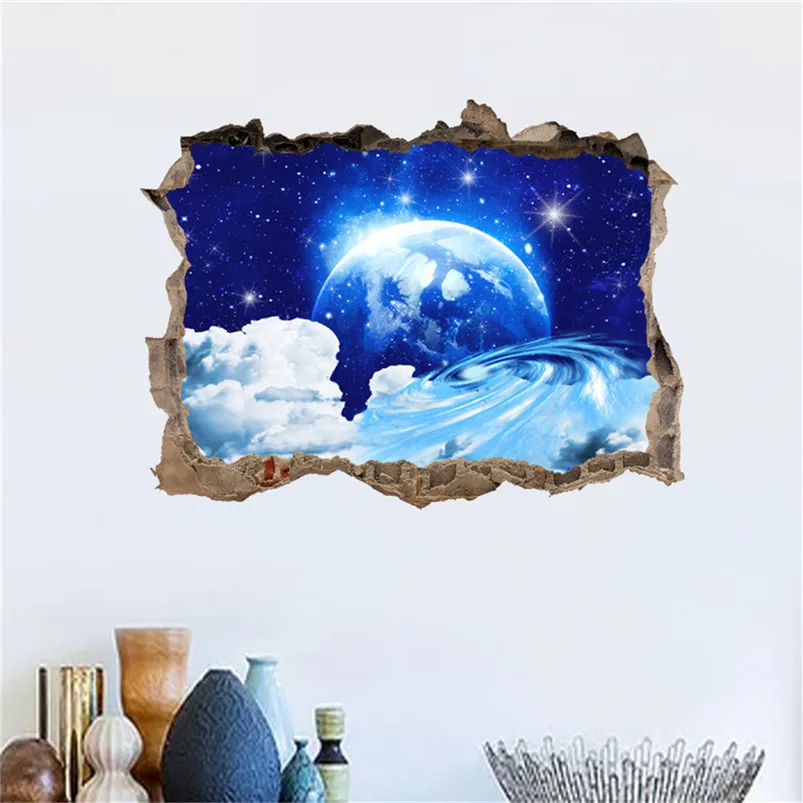 Broken Wall Starry Stickers Muraux 3D Planets Stars Sky Removable Wall Mural Decals Home Decor Adesivo De Parede 30MR722