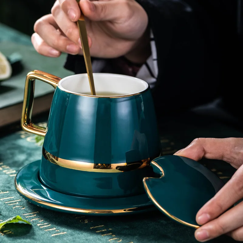 Luxurious nordic style tea set golden ceramic coffee cup set saucer with spoon gift box for household office afternoon tea Luxurious nordic style tea set golden ceramic coffee cup set saucer with spoon gift box for household office afternoon tea